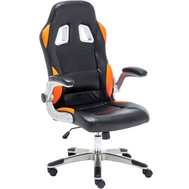 Inbox Zero Adjustable Ergonomic Faux Leather Swiveling PC Racing Game Chair in Black Orange